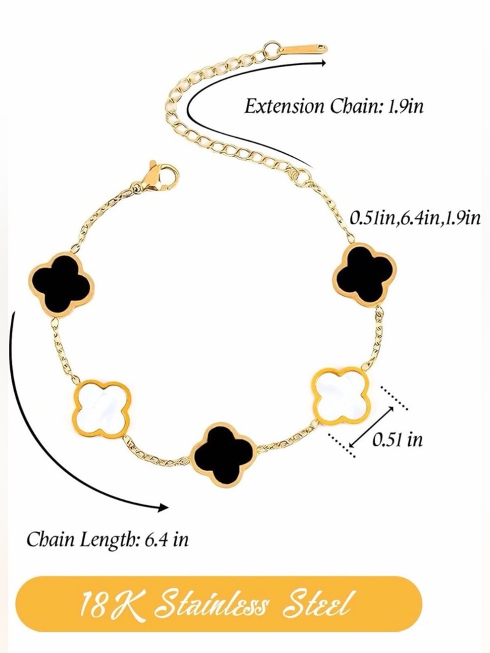 Gold Tone Black and White Clover Link Bracelet - Picture 3 of 5